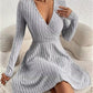 Elegant Long-sleeved Solid-color V-neck Waist-cinching Dress