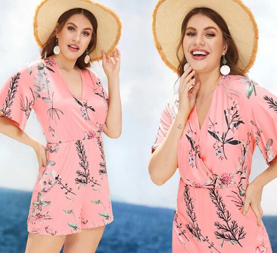 Women's Deep V Print Short Sleeve Waist Casual Siamese Shorts