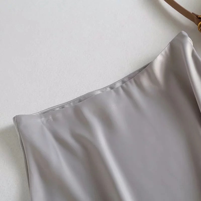 Summer Women Golden Satin Skirt Long Shiny Silk