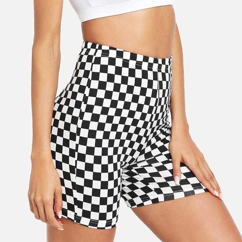 Short de yoga moulant à imprimé d'échiquier noir et blanc transfrontalier européen et américain, short de sport taille haute sexy pour femmes