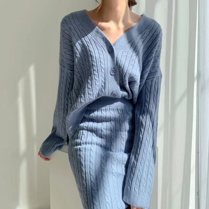 V-neck Hemp Pattern Knitted Cardigan Sweater High Waist Sheath Skirt