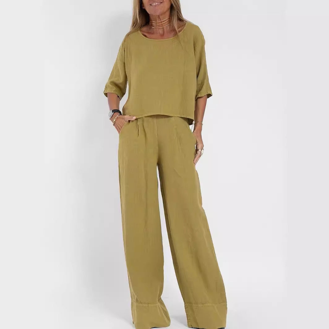 Ensemble pantalon large décontracté en coton et lin pour femme, manches courtes