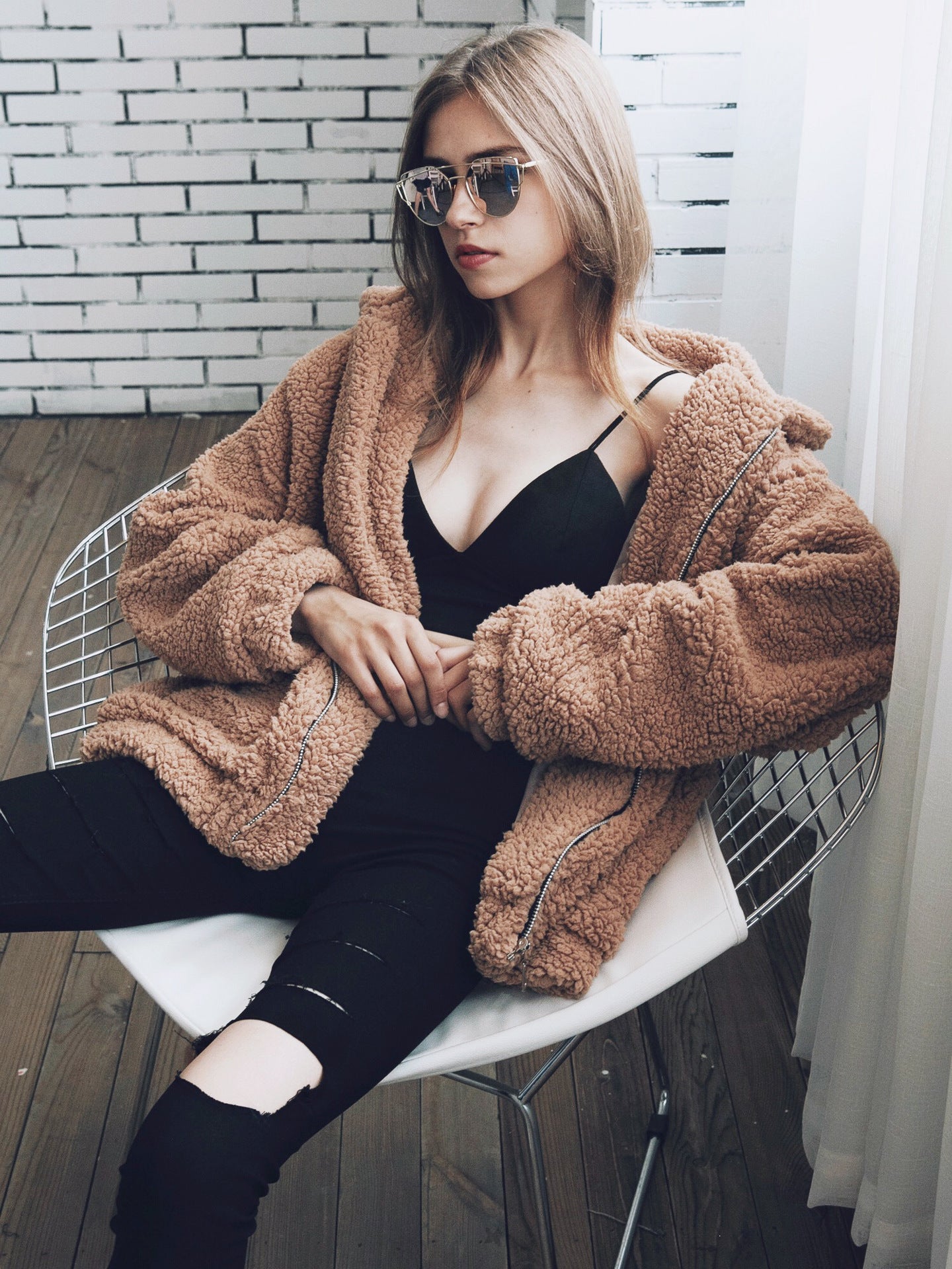 BF Wind Long Sleeve Pocket Casual Loose Plush Jacket