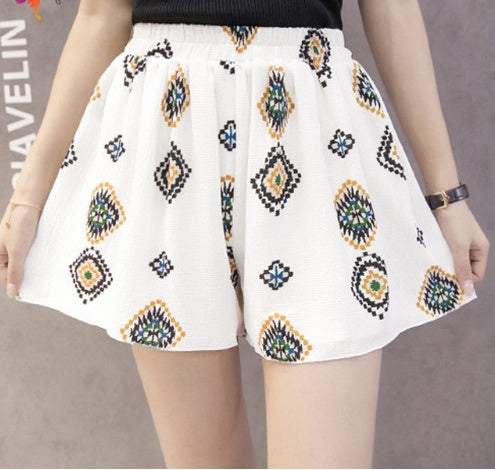 Chiffon large size wide leg pants half length loose printed shorts