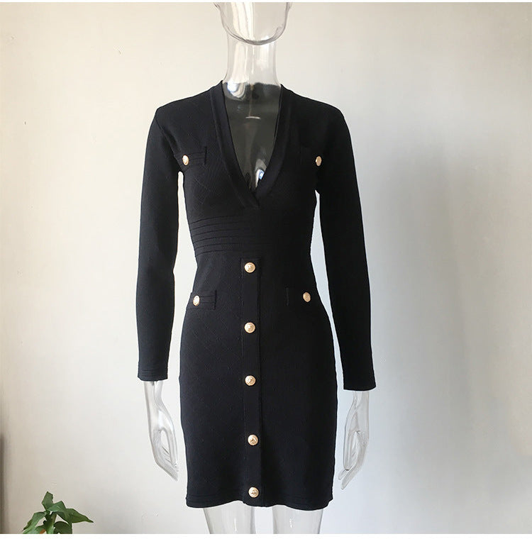 Knit Dress, Base Skirt, Temperament Was Thin, Solid Color V-Neck Long-Sleeved Hip Skirt