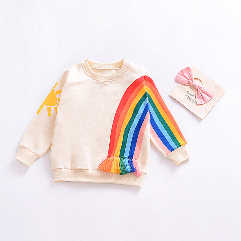 Children's Rainbow Sun Patterned Long Sleeve Top With Fringe