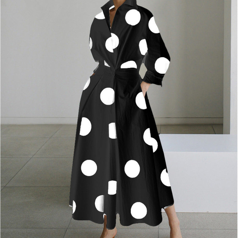 Fashionable Polo-neck Three-quarter-sleeve Loose-fit Flared Maxi Dress