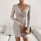 Drawstring Slim-fit Long-sleeved Knitted Dress Women