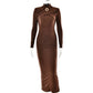 Slim-fit Pleated Hollow-out Long Sleeve Dress
