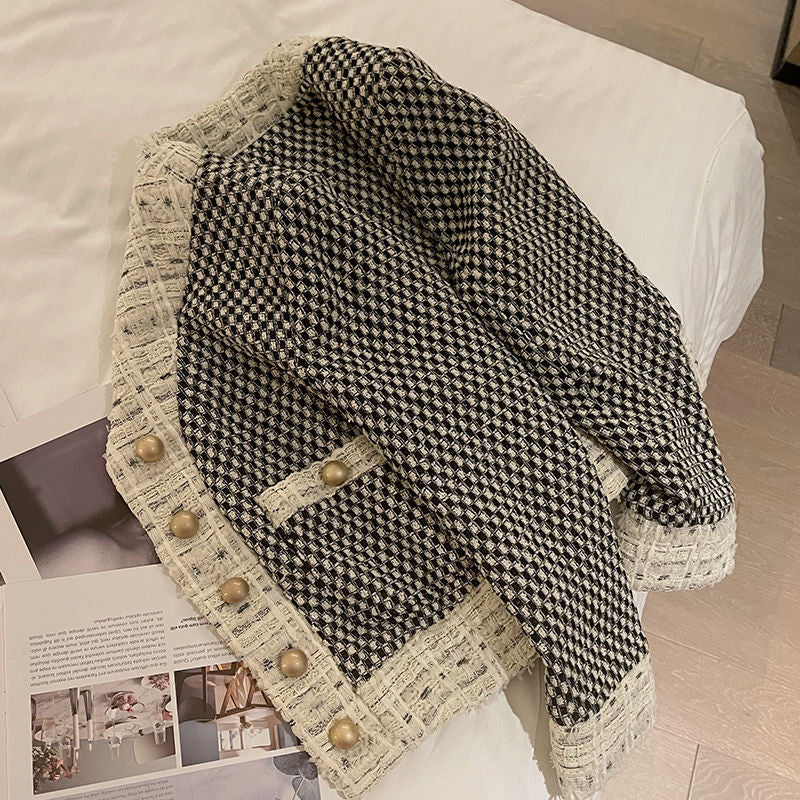 Female Thousand Bird Plaid Contrast Short Tweed Retro Coat