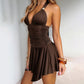 V-neck Halter Lace-up Stitching Pleated Jumpsuit Short Skirt