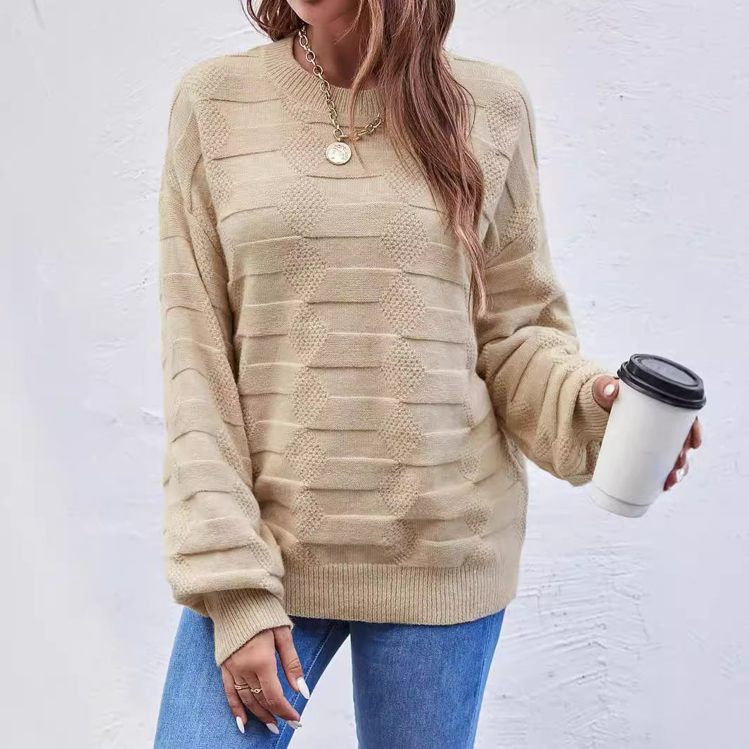 Pull décontracté à manches longues et col rond de couleur unie