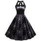 Robe d'Halloween imprimée tête de mort et toile d'araignée pour femme, jupe taille haute à bretelles