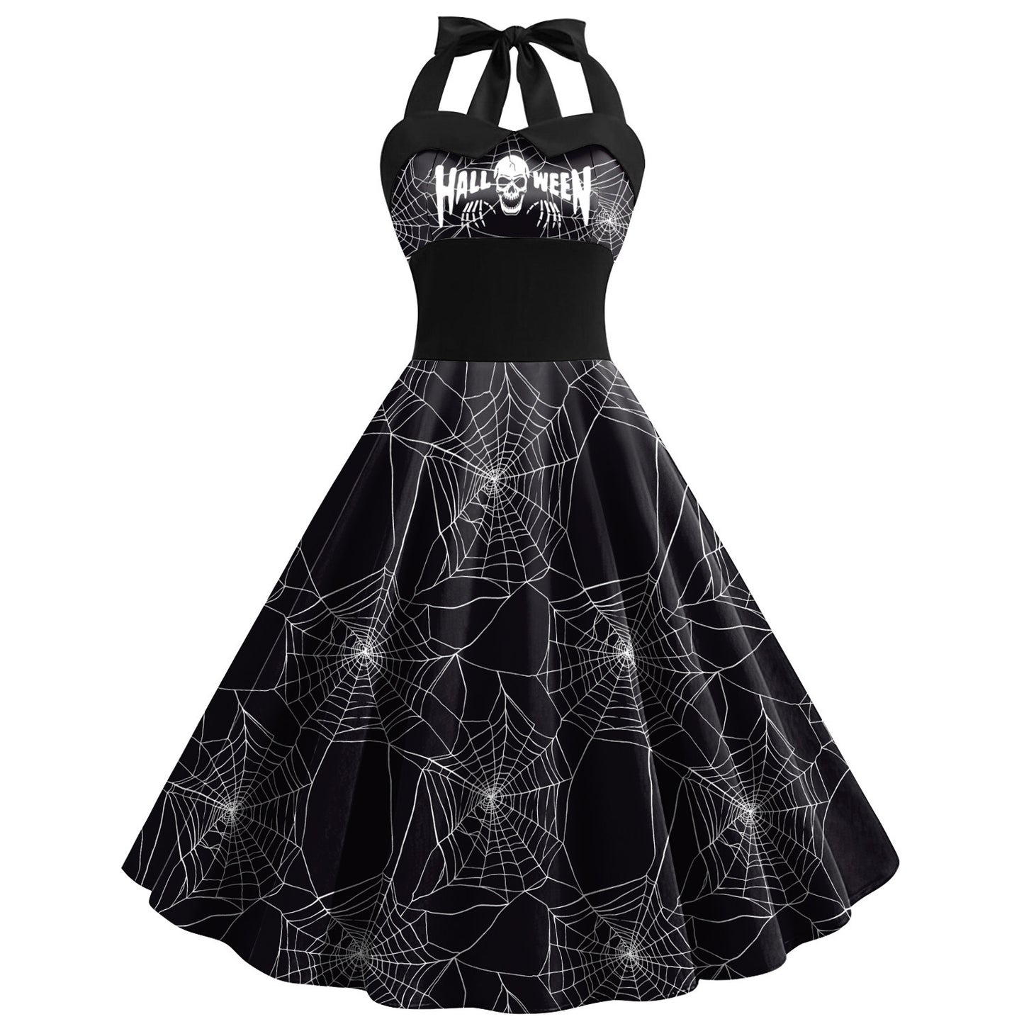 Robe d'Halloween imprimée tête de mort et toile d'araignée pour femme, jupe taille haute à bretelles