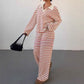 Striped Lapel Fashionable Knitted Loose Long Sleeve Top Casual Trousers Suit