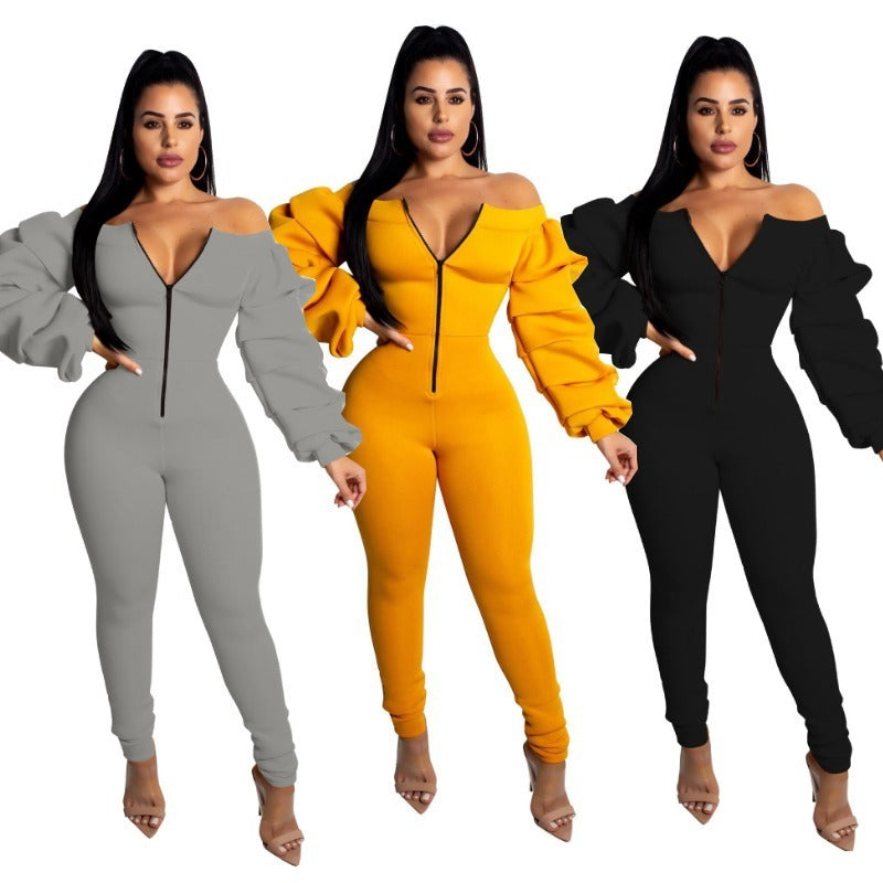 One word collar pile sleeves jumpsuit