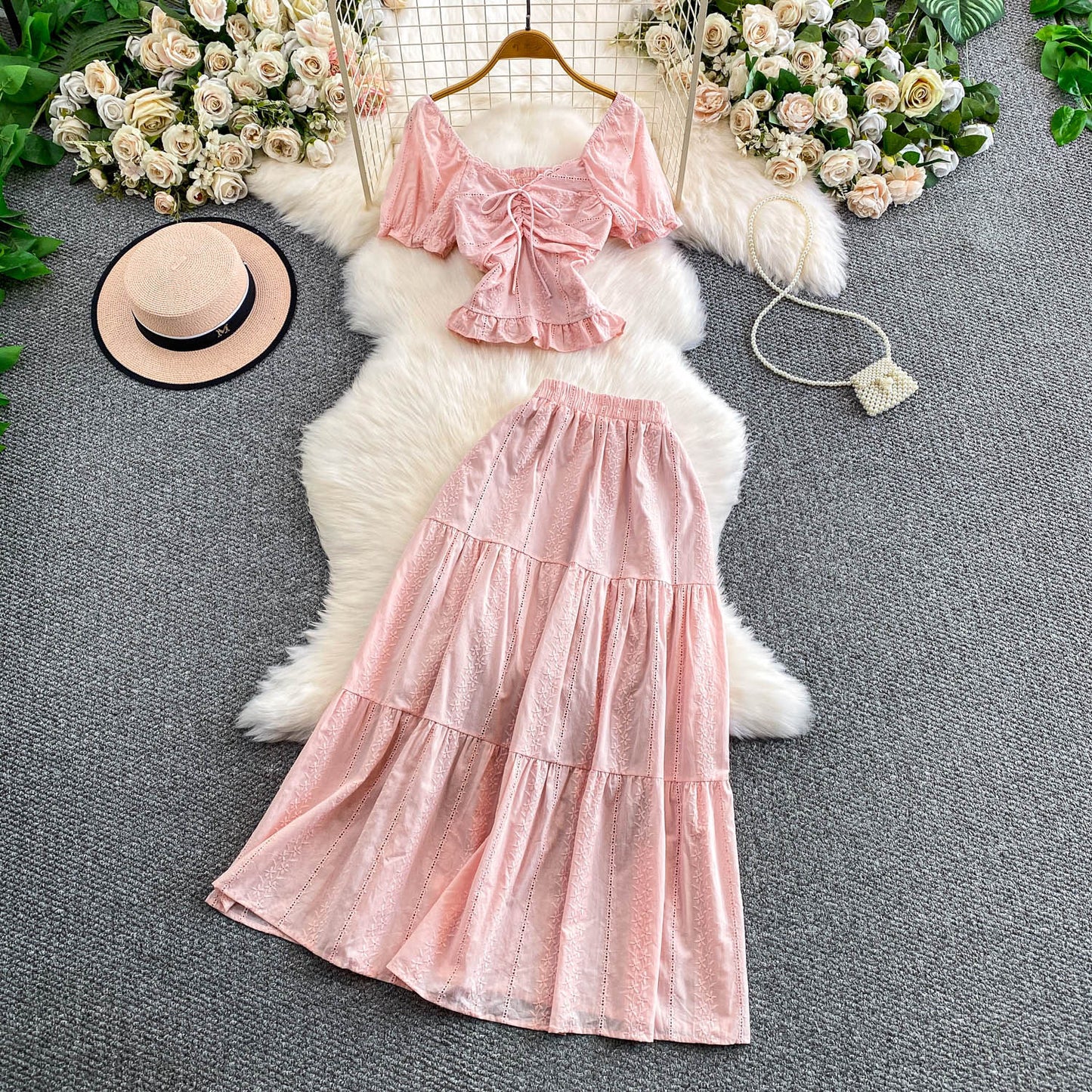 Hollowed-out Embroidered V-Neck Shirt With Ruffled Long Skirt