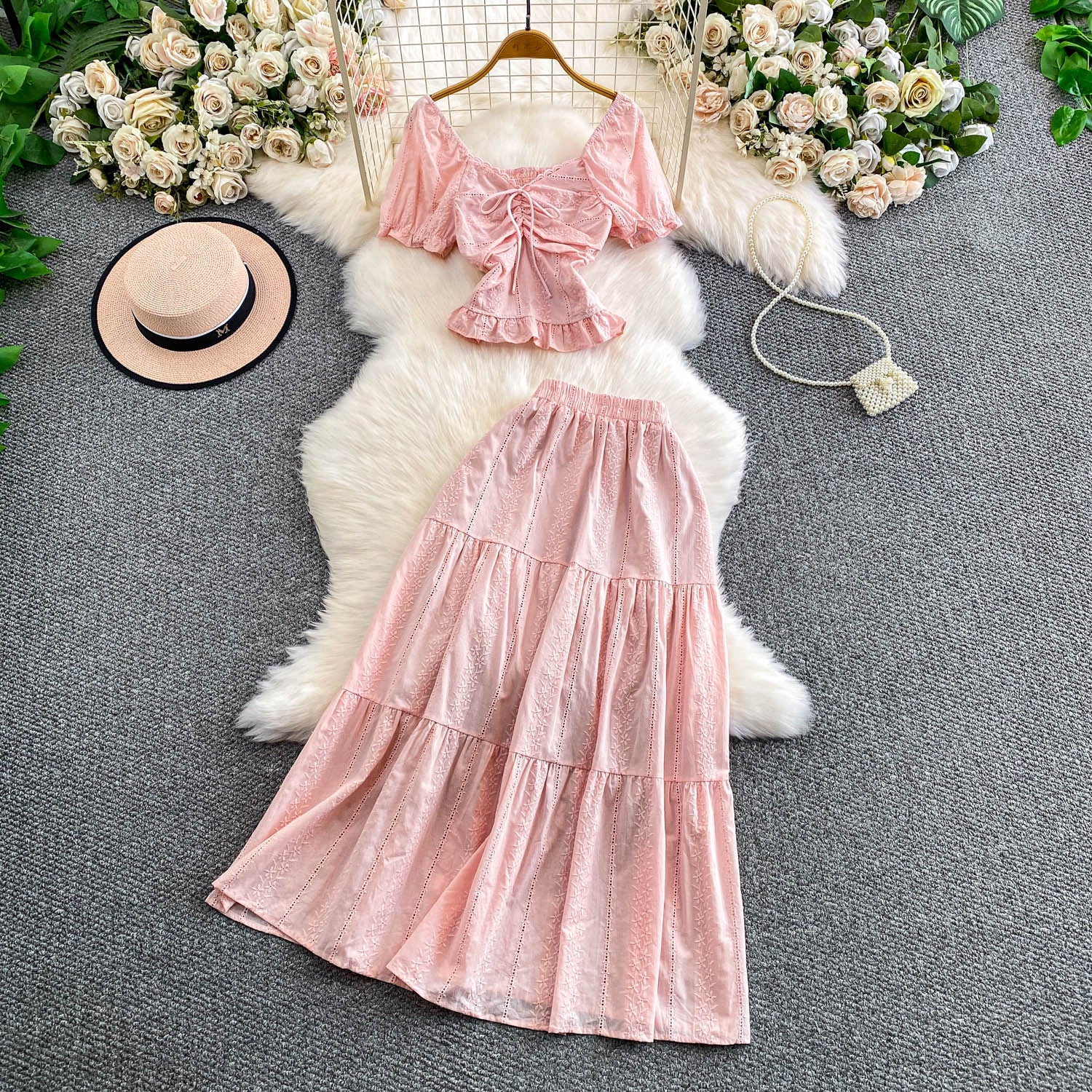 Hollowed-out Embroidered V-Neck Shirt With Ruffled Long Skirt