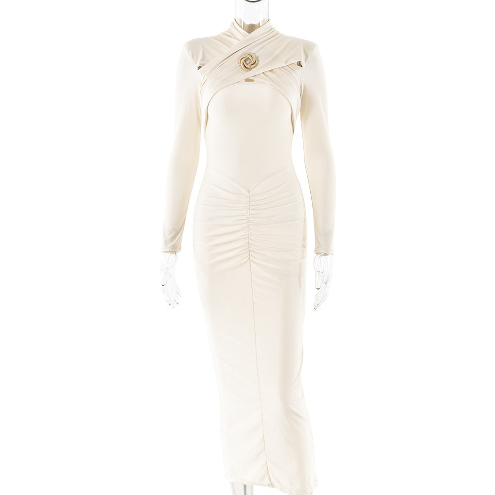 Slim-fit Pleated Hollow-out Long Sleeve Dress