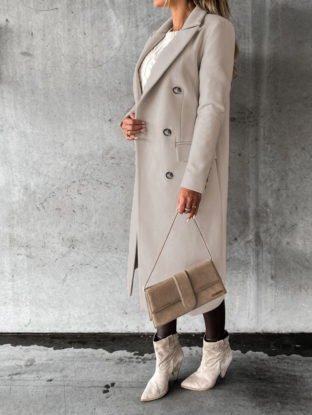 Manteau à manches longues et revers pour femme, veste longue et slim, couleur unie, à double boutonnage, tendance hiver