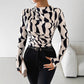 European And American Small Stand Collar Pleated Edge Printing Slim Fit Slimming Top Women