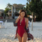 Solid color V-neck strap bikini backless swimsuit girl