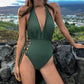 Solid color V-neck strap bikini backless swimsuit girl