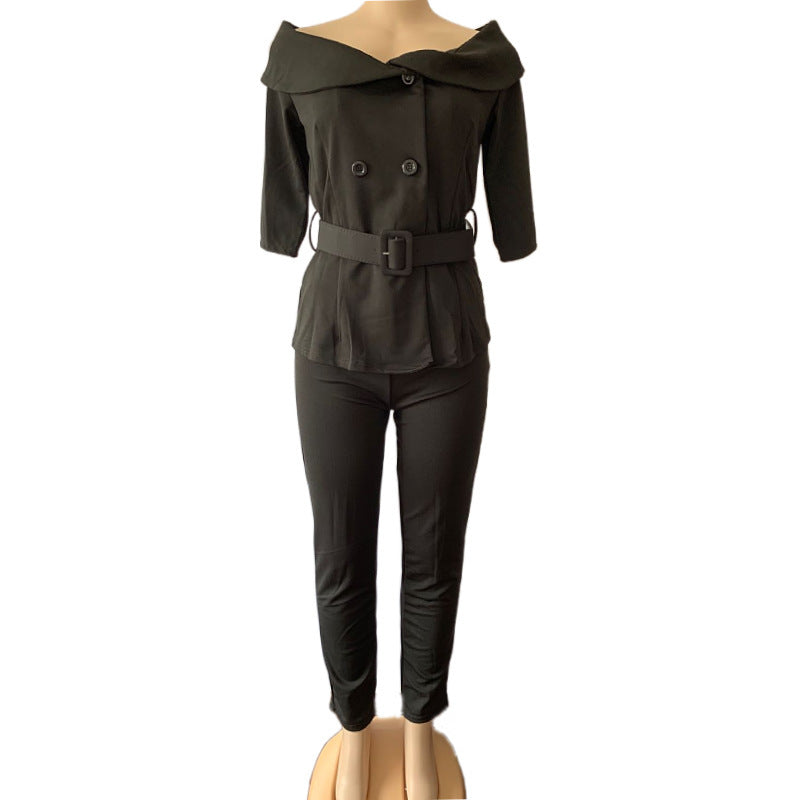 A One-shouldered Cardigan Blouse And Slacks Suit