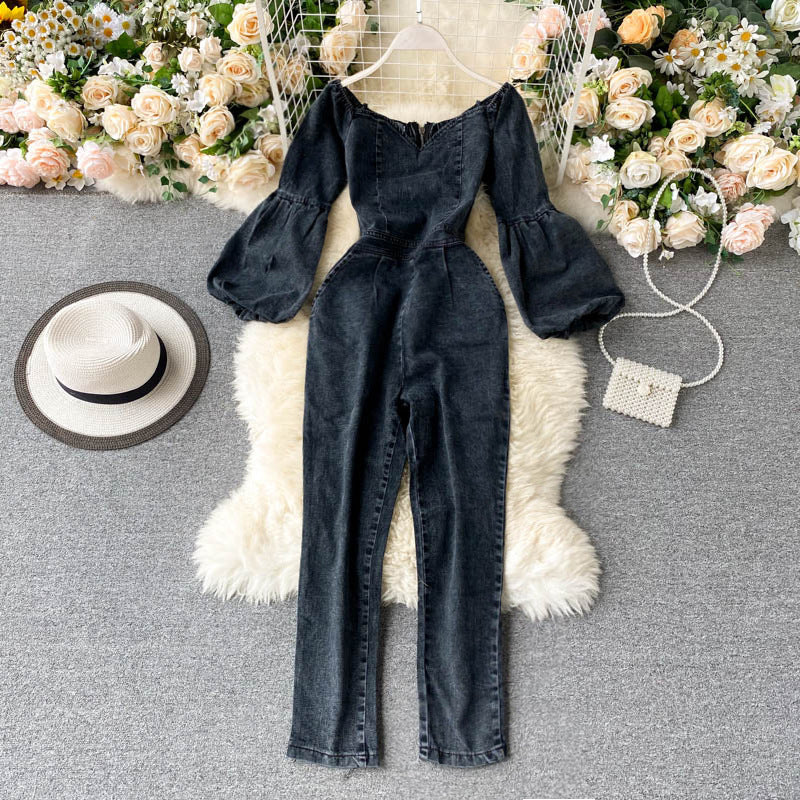 One-Line Neck Strapless Puff Sleeve Jumpsuit Women