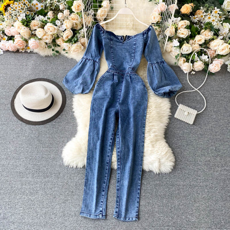One-Line Neck Strapless Puff Sleeve Jumpsuit Women