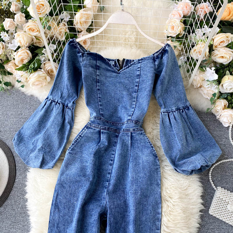 One-Line Neck Strapless Puff Sleeve Jumpsuit Women