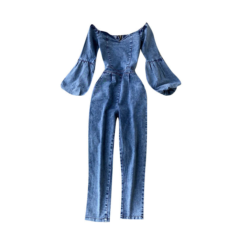 One-Line Neck Strapless Puff Sleeve Jumpsuit Women