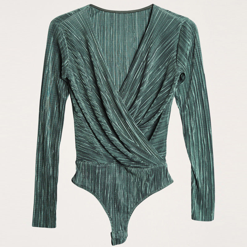Fashion Solid Color Long-sleeved Slim V-neck Jumpsuit