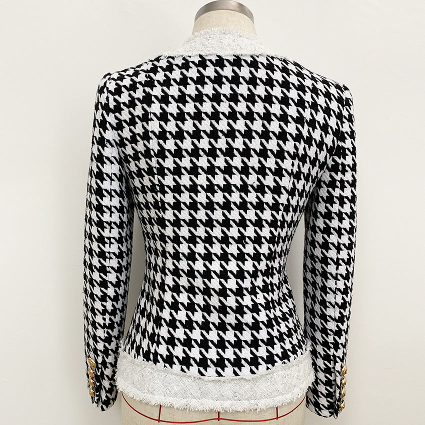 European And American Round Neck Zipper Thousand Bird Check Jacket In Autumn And Winter