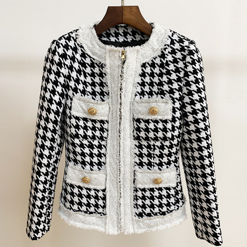 European And American Round Neck Zipper Thousand Bird Check Jacket In Autumn And Winter