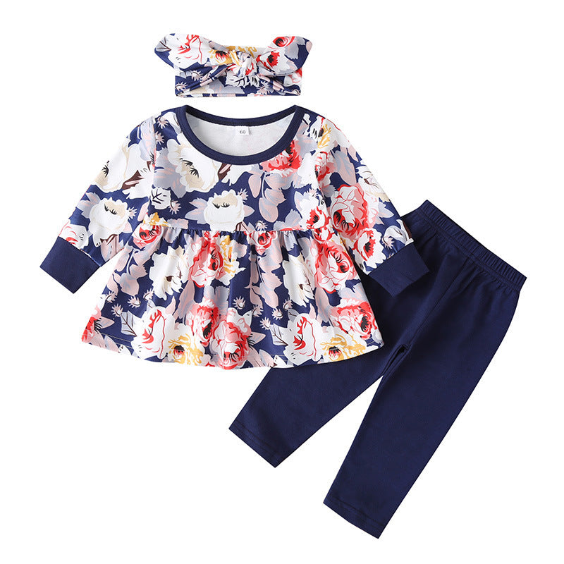 Baby Print Suit Long-sleeved Ruffle Top Trousers