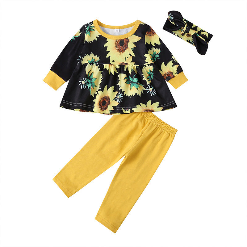 Baby Print Suit Long-sleeved Ruffle Top Trousers