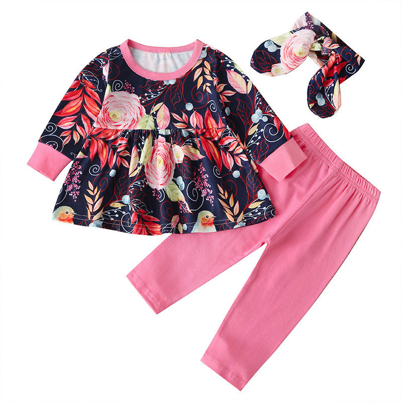Baby Print Suit Long-sleeved Ruffle Top Trousers