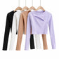 Aproms-Women Ribbed Knit Long Sleeve T-Shirt Slim Crop Top Women Urban Fashion Black T-Shirt