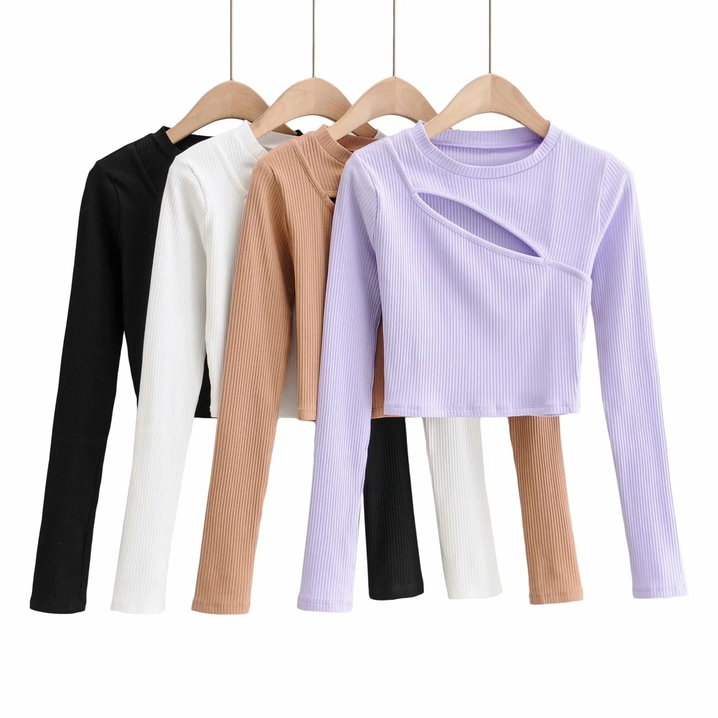 Aproms-Women Ribbed Knit Long Sleeve T-Shirt Slim Crop Top Women Urban Fashion Black T-Shirt