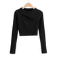 Aproms-Women Ribbed Knit Long Sleeve T-Shirt Slim Crop Top Women Urban Fashion Black T-Shirt