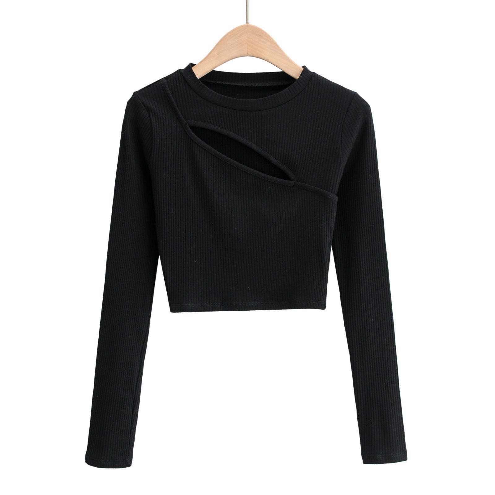 Aproms-Women Ribbed Knit Long Sleeve T-Shirt Slim Crop Top Women Urban Fashion Black T-Shirt