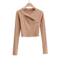 Aproms-Women Ribbed Knit Long Sleeve T-Shirt Slim Crop Top Women Urban Fashion Black T-Shirt