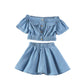 Girls Korean Version Denim Two-piece High-waisted Short-sleeved Top