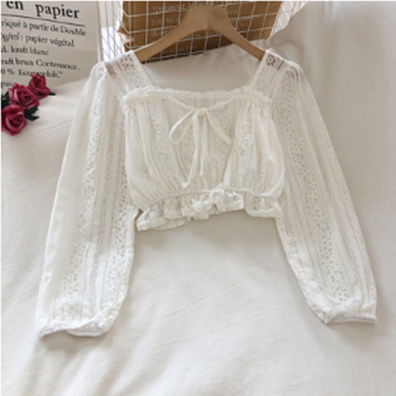 Temperament Ruffled Square Neck Lace Clavicle Long Sleeve Lace Top