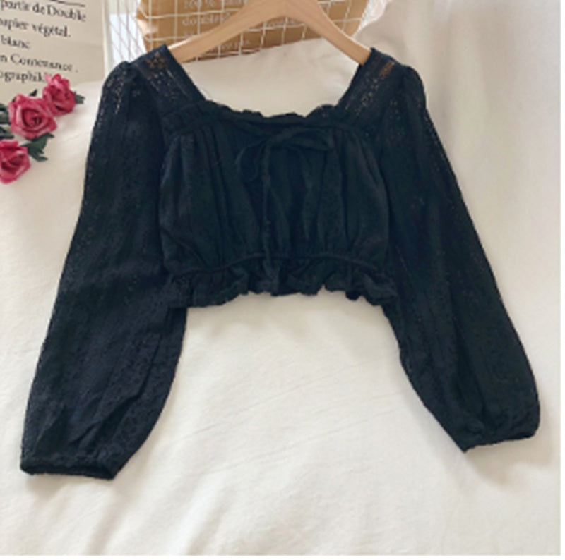 Temperament Ruffled Square Neck Lace Clavicle Long Sleeve Lace Top