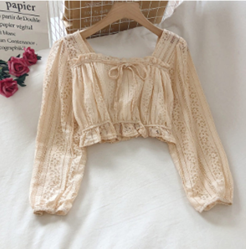 Temperament Ruffled Square Neck Lace Clavicle Long Sleeve Lace Top