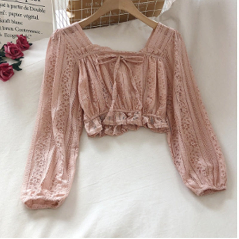 Temperament Ruffled Square Neck Lace Clavicle Long Sleeve Lace Top