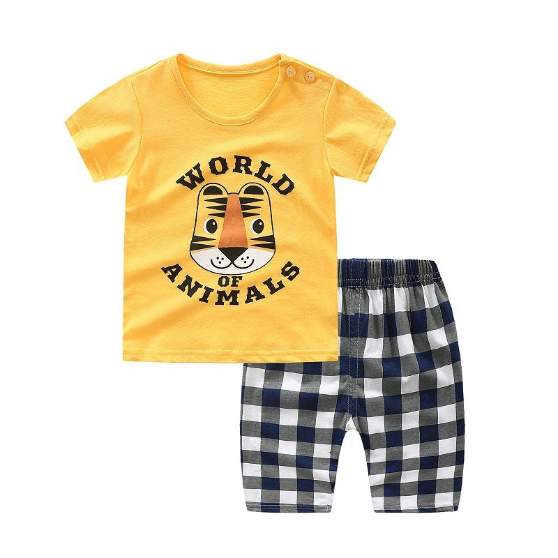 Ensemble deux pièces en coton à manches courtes pour enfants, garçons et filles, avec boucle d'épaule, col rond, vêtements décontractés