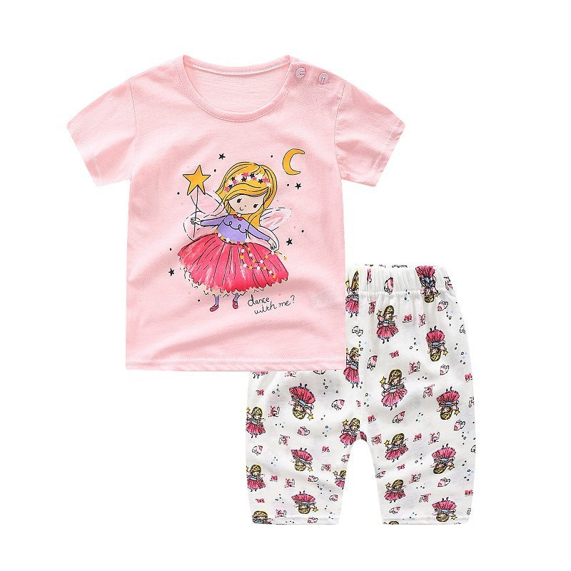 Ensemble deux pièces en coton à manches courtes pour enfants, garçons et filles, avec boucle d'épaule, col rond, vêtements décontractés